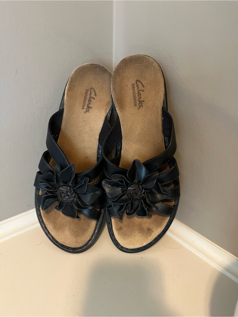 Clarks Black Floral Leather Slide Mules